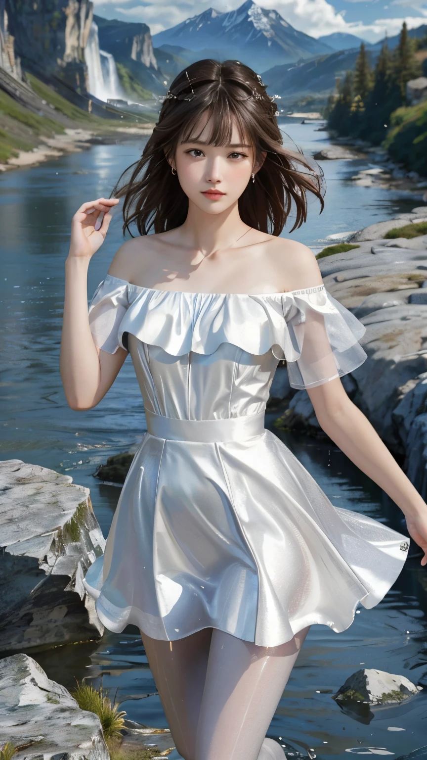 masterpiece, highest quality, Very detailedなCG, 8k resolution,wallpaper, landscape, Outdoor, cloud, Supermodel,White off-shoulder dress,(shiny light gray pantyhose),Shiny all-through pantyhose for Race Queens,Beautiful feet,Thin thighs,Slim body,White high heels,High-contrast photos,Brown Hair,bangs,beautiful girl,Adorable expression,Perfect Shape,Idol Group, Mountain, landscape, water, wood, blue, waterfall, cliff, nature, lake, river , cloud, null,Award-winning photography, Bokeh, Written boundary depth, High resolution, bloom, Photorealism, Very detailed, ArtStation Trends, Trending on CGSociety, Complex, Attention to detail, dramatic, Art on the road
