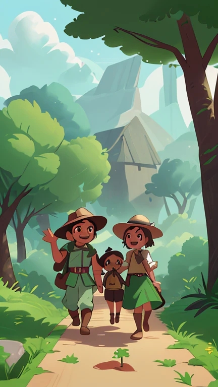 Ali, Maya, and the forest ranger walk back to their village with the treasure, against the backdrop of a peaceful village scene. They look full of pride and happiness over their success.