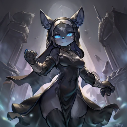 ((Better quality )),((Anthro female)) , wearing nun Clothing dress   , Black Shadow  body ,  wearing Bandage , big animal ears, haircut ,Dark blue , BLUE pupils ,