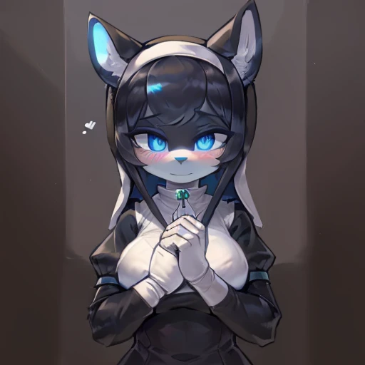 ((Better quality )),((Anthro female)) , wearing nun Clothing dress   , Black Shadow  body ,  wearing Bandage , big animal ears, haircut ,Dark blue , ((BLUE pupils)) ,