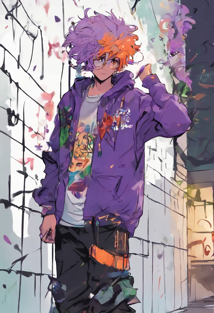 ((long shot, full body: 1.6)), purple: 1.5, orange: 1.1, green: 1.3, White: 1.3, yellow: 1.3, (rapper boy with scary hair, highly detailed eyes and body and beautiful baggy and baggy clothes :1.6), tattoos, (walls with Graffiti: 1.2), flower, Leaves, born in the fog, lines, leaning on the wall with a spray paint in his hand:1.4, dynamic action pose, 32K.