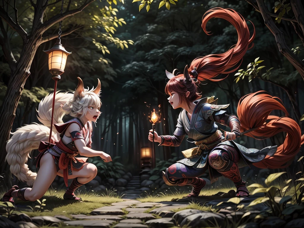 A yokai battle scene comes to life with (best quality, realistic:1.37) vivid colors, highres details, and ultra-detailed creatures. The medium used in this artwork is a combination of traditional Japanese ink painting and digital rendering. The scene is set in a moonlit forest, with (HDR,studio lighting) casting dramatic shadows and illuminating the mystical environment.

At the center of the scene, two powerful yokai warriors engage in an intense battle. One is a fearsome oni, with sharp horns, crimson skin, and glowing eyes. The other is a sleek kitsune, with nine tails swirling around her as she leaps and dodges with agility. Both characters are incredibly detailed, with intricate patterns adorning their armor and fur.

The surrounding trees and foliage are abundant and lush, with every leaf and branch (ultra-fine painting) captured in exquisite detail. The atmosphere is filled with an aura of magic, with wisps of ethereal energy emanating from the combatants. Floating lanterns and small, mischievous yokai add an element of whimsy to the scene.

The color palette is rich and vibrant, with a mix of deep blues, purples, and rich earth tones to convey the mystical nature of the battle. The moon's pale light acts as a spotlight, (bokeh) softly blurring the background and adding depth to the composition.

Overall, this artwork captures the fierce and enchanting world of yokai battles, combining traditional Japanese aesthetics with modern digital art techniques.