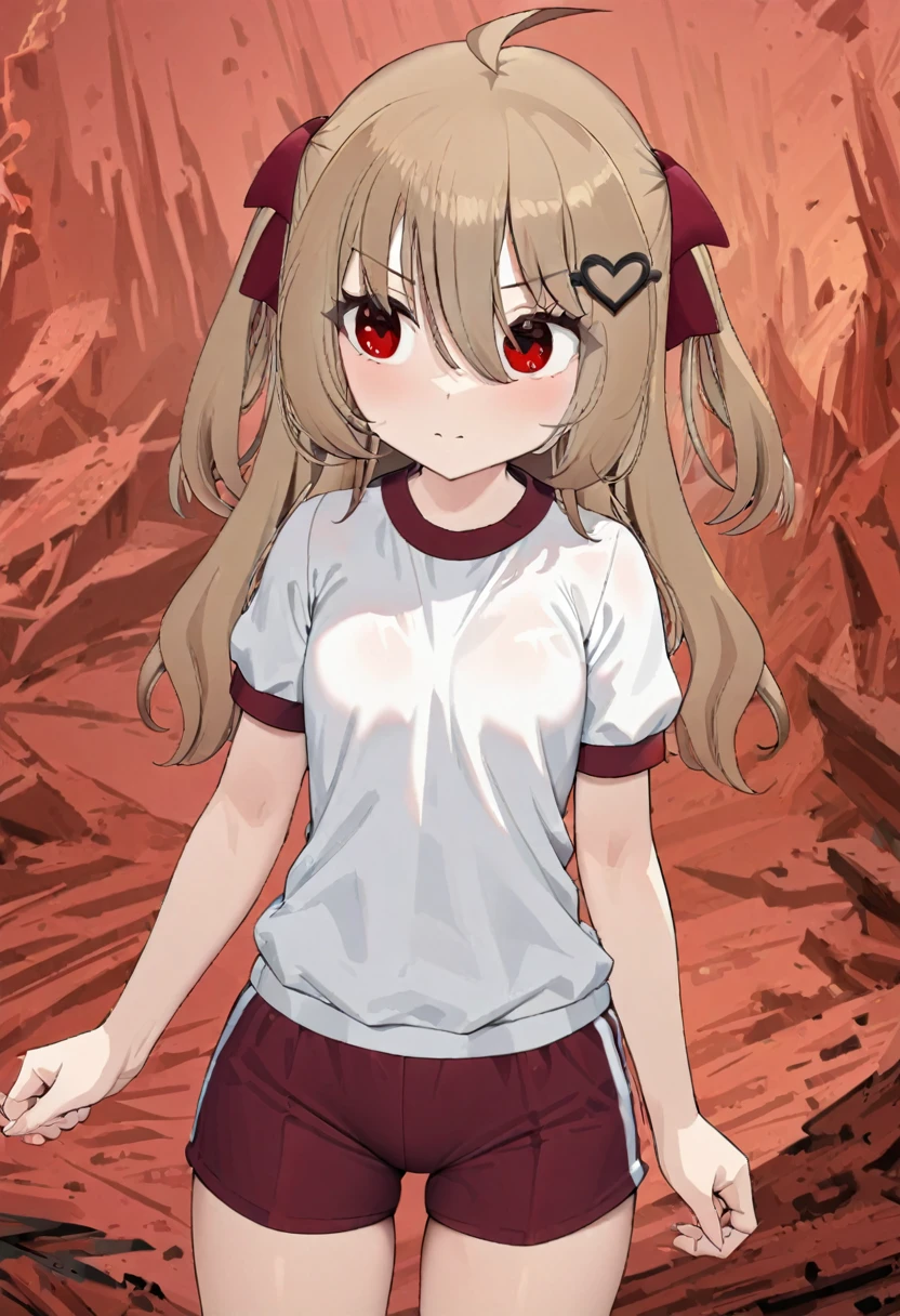 1girl, evil neuro-sama, red eyes, light brown hair, ahoge, two side up, hair ribbon, dark red ribbon, heart hair ornament, (masterpiece, best quality), highly detailed, finely detailed, gym uniform, cowboy shot,