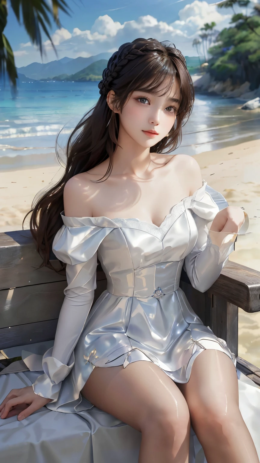 masterpiece, best quality, extremely detailed 8K wallpaper, 1girl, outdoors, Helena(Azur lane),strapless dress, dress, layered dress,white flower, hair ornament, purple eyes, (choker), outline, (black gloves), bare legs,