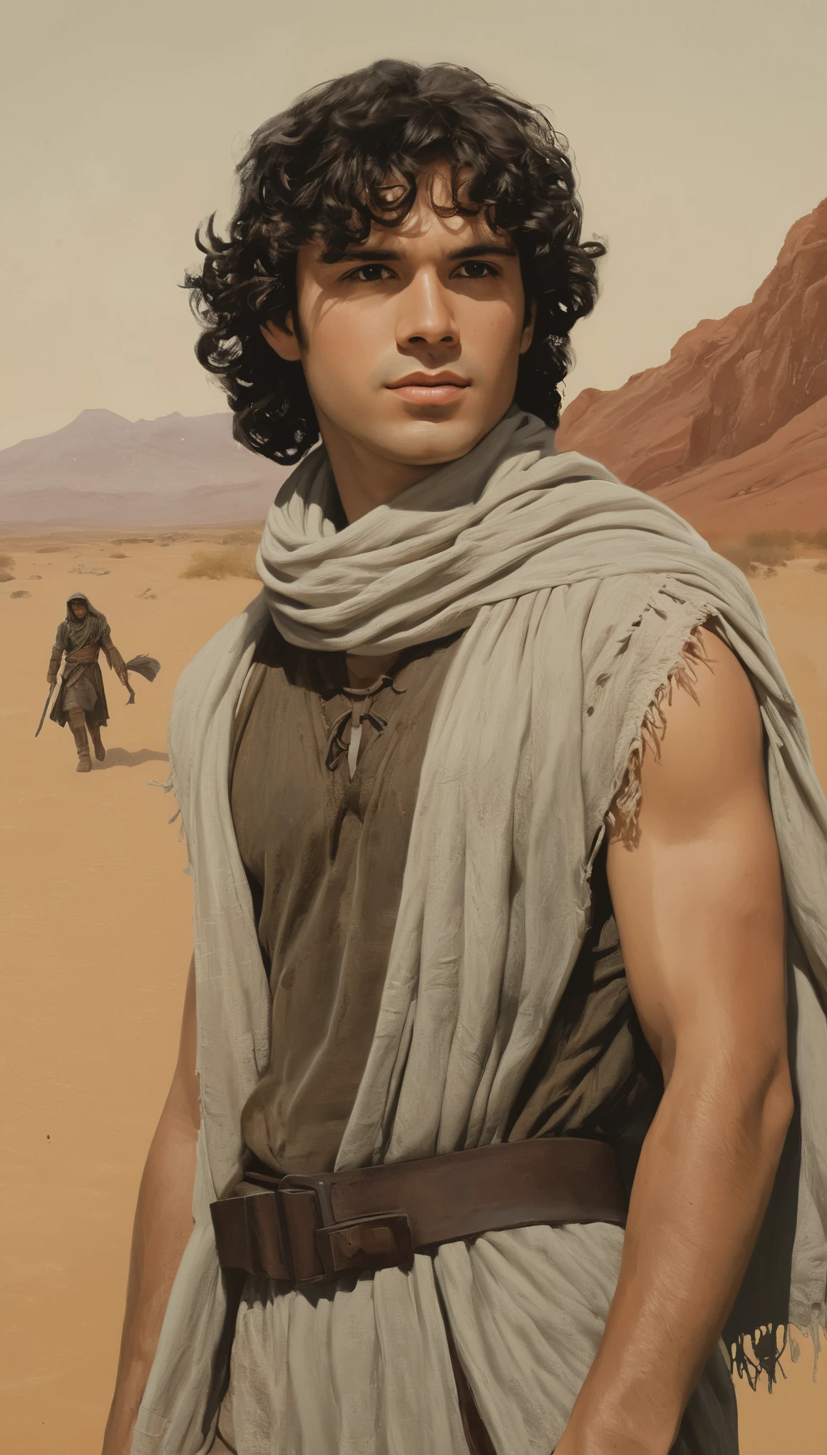 An illustrated movie poster, hand-drawn, full color, a male ranger, 28 years-old, resembles Gavin Leatherwood, wearing a linen tunic and a shemagh scarf, sun-tanned skin, stocky physique, deep brown eyes, wide bulbous nose, black hair, curly hair, thick bushy eyebrows, extremely hairy chest, stomach, and arms, lots of body hair, posing in a desert oasis, hard shadows, graphite shading, stencil markings, airbrushed acrylic paint, masterpiece, in the style of Lord of the Rings 