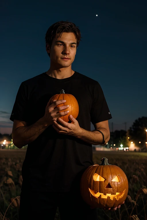 Man with jack lantern head, wearing no shirt, field clothing, vibe halloween