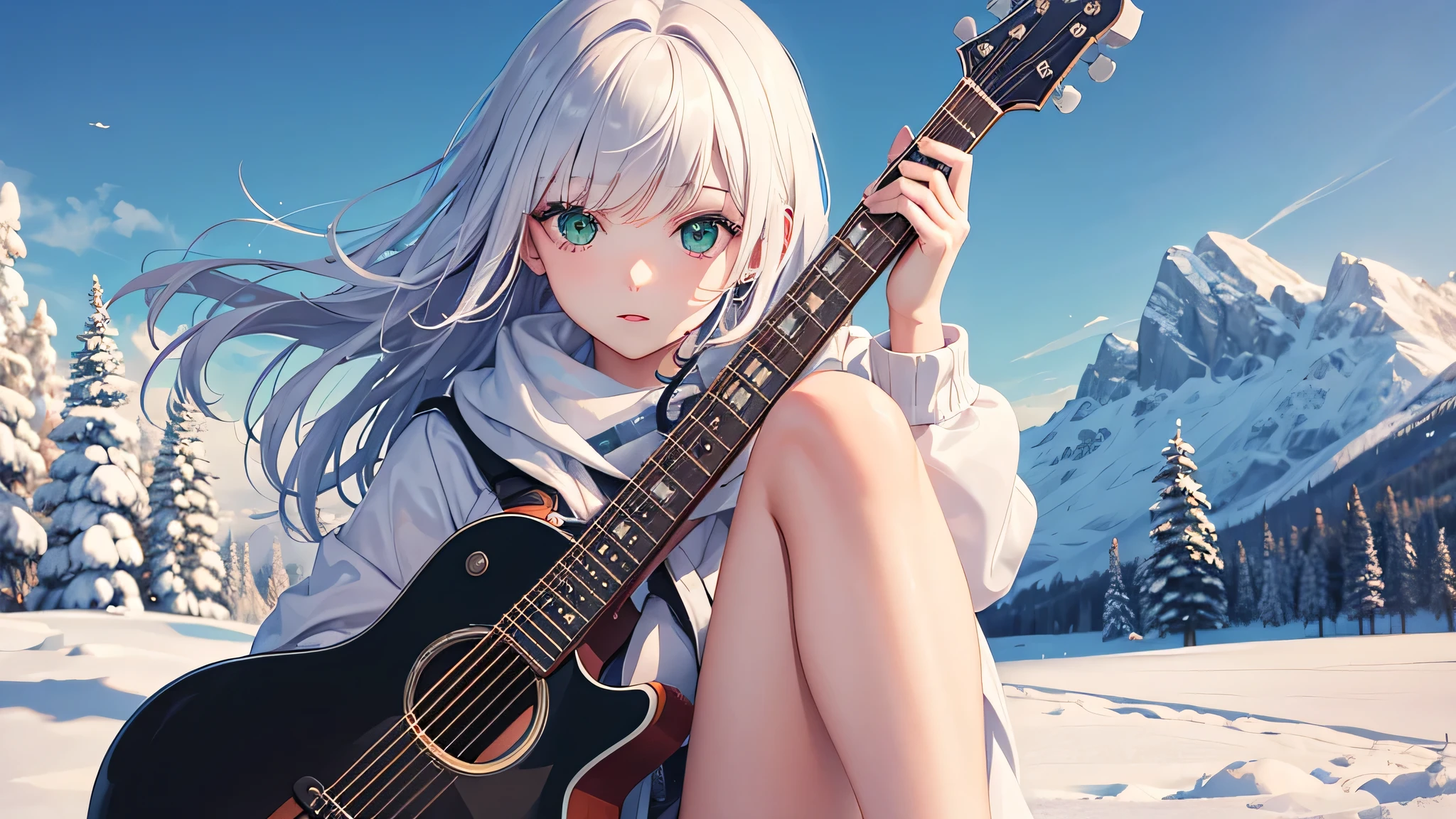 highest quality,Ultra-high resolution,One girl,alone,whole body,snow,city,Green Eyes,JK,,Carrying the guitar
