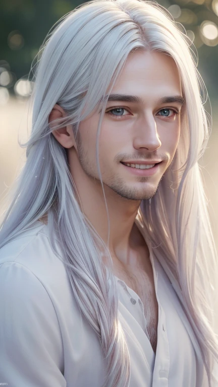 (best quality,4k,8k,highres,masterpiece:1.2),ultra-detailed,(realistic,photorealistic,photo-realistic:1.37), A man,regular white clothes,white long hair,Kind smile,soft ethereal lighting,vivid colors,subtle pastel palette,portrait style,serene atmosphere