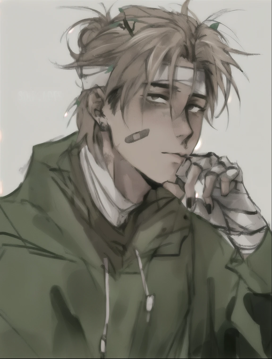 cara de anime com uma jaqueta verde e uma camisa branca, He's hurt, estilo de anime masculino, estilo de anime jojo, handsome guy in demon slayer art, personagem de anime masculino, fanart de alta qualidade, em estilo anime, sorriso malicioso, como personagem de anime, personagem de estilo anime, arte digital de danganronpa, anime