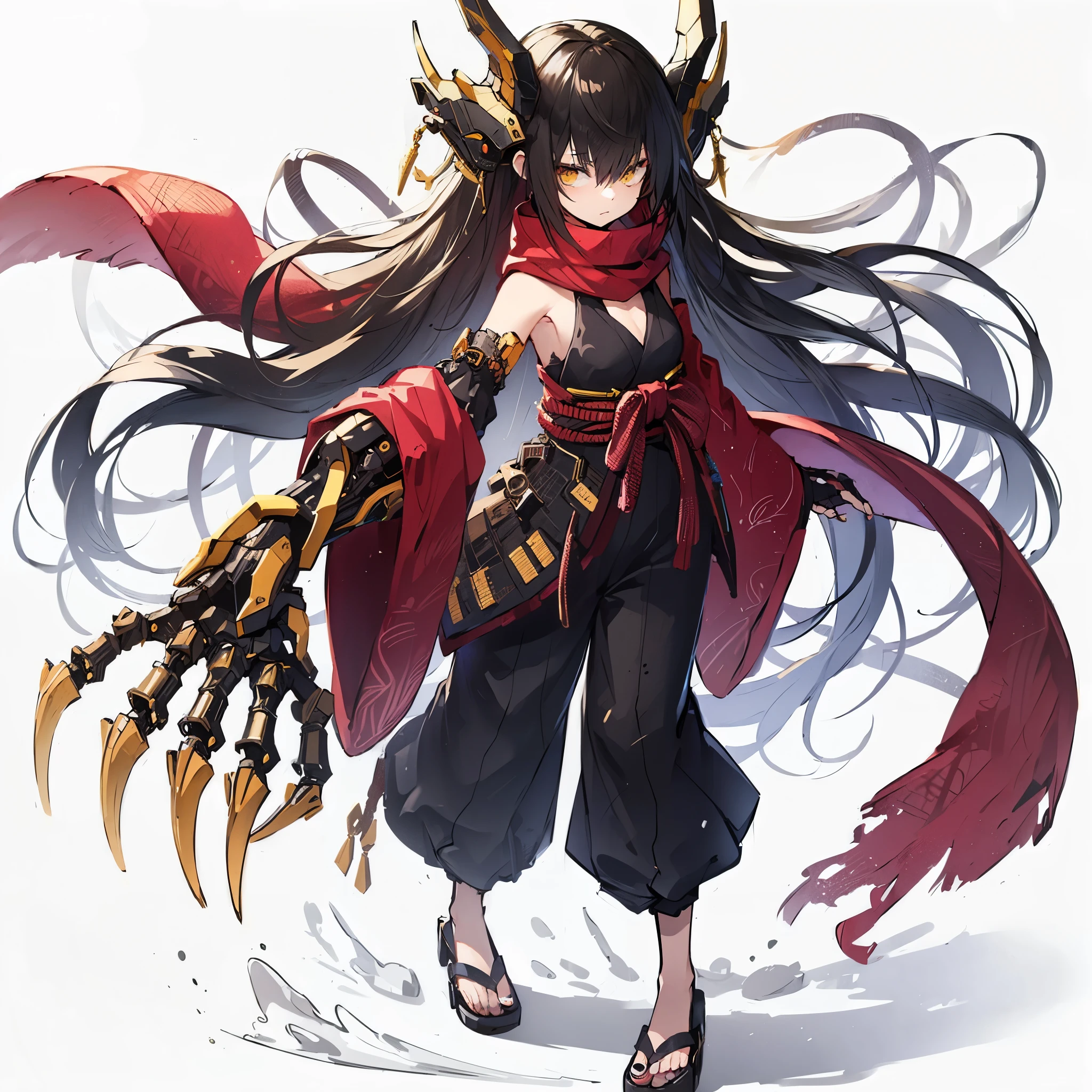 (Masterpiece, top quality), (detailed hair), super detailed, anime style, full body, solo, concept art, science fantasy fighter girl, neck-length black-yellow hair, gold eyes, right hand converted to cybernetic terrifying claw. cyber-kimono, and red muffler, cyber horned, wearing tabi sandal, white background, whole body, standing in wasteland,
