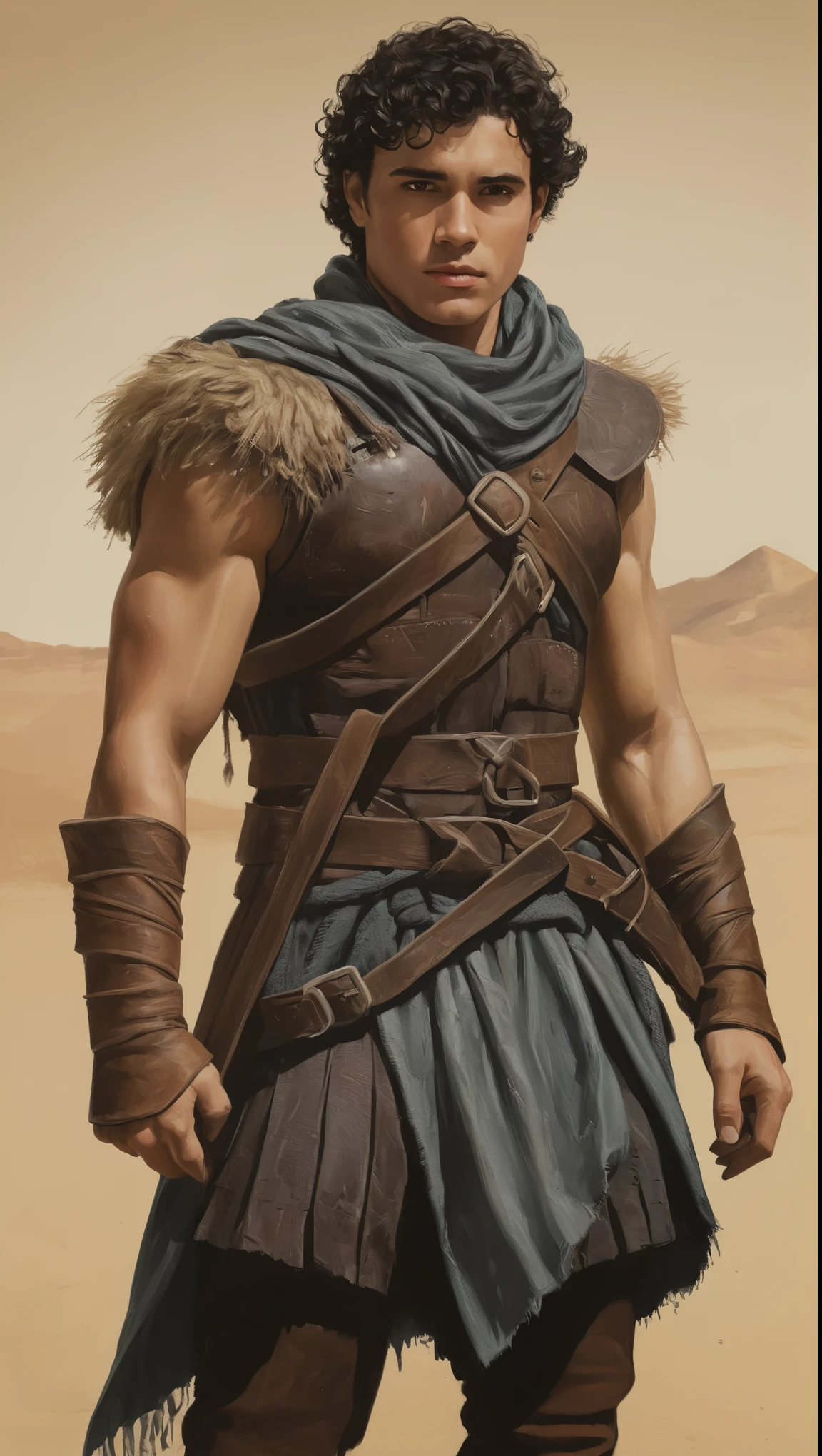 An illustrated movie poster, hand-drawn, full color, a male ranger, 28 years-old, resembles Gavin Leatherwood, wearing a padded cuirass and a shemagh scarf, sun-tanned skin, stocky physique, deep brown eyes, wide bulbous nose, black hair, curly hair, thick bushy eyebrows, extremely hairy chest, stomach, and arms, lots of body hair, posing in a desert oasis, hard shadows, graphite shading, stencil markings, airbrushed acrylic paint, masterpiece, in the style of Lord of the Rings 