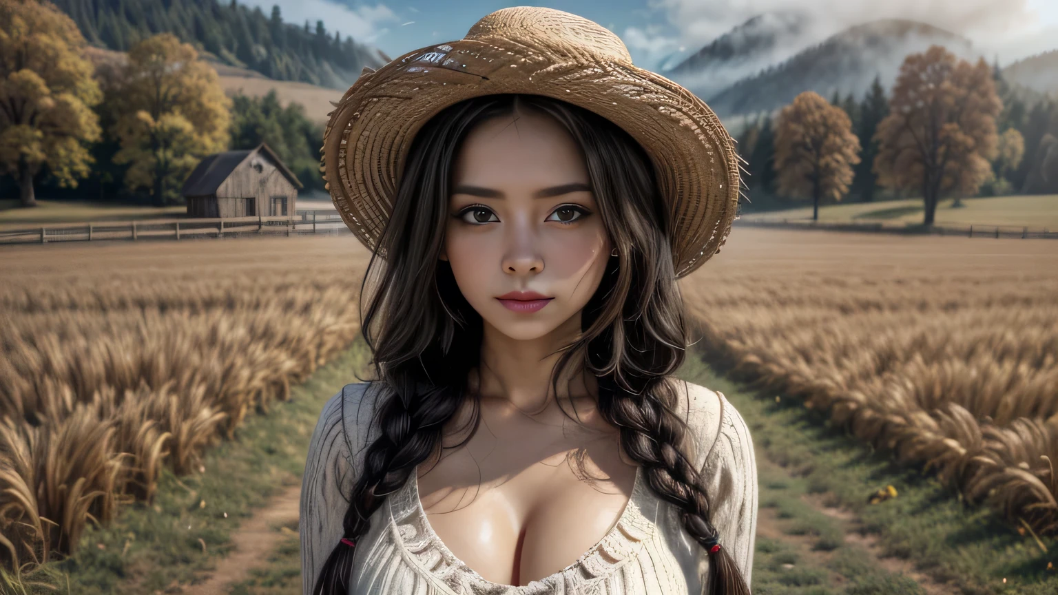 Best quality, masterpiece, Beautiful, young latina woman, looking straight at viewer, wearing simple open shirt, open red jacket on top, posing on grassfield, professionalism, teen age, detailed face, detailed body, symmetric face, big cute eyes, cute happy face, dynamic pose, deep cleavage, perfect anatomy, photorealistic, curvy body, braid hair, 8k, ultra realistic, widescreen desktop wallpaper, small farmhouse background, waterland, ambient occlusion