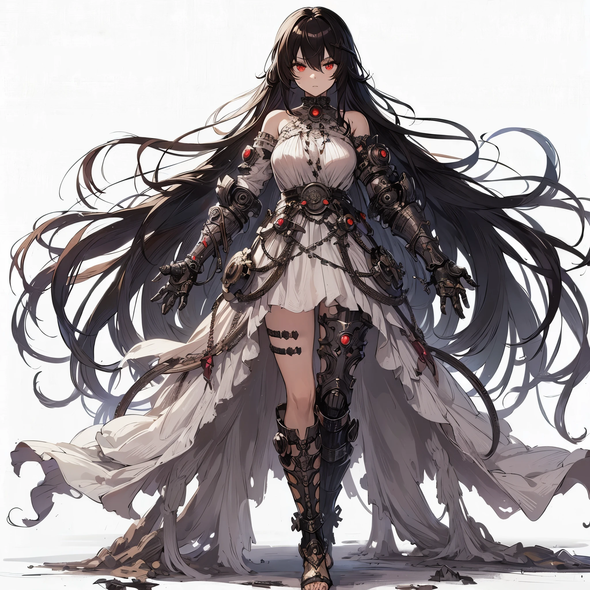 (Masterpiece, top quality), (detailed hair), super detailed, anime style, full body, solo, concept art, Cyberpunk fighter girl, very long black hair, dark brown skin, red eyes, wearing ornate white dress, rugged knight gauntlets, Roman gladiator-like sandals, white background, whole body, standing in wasteland,
