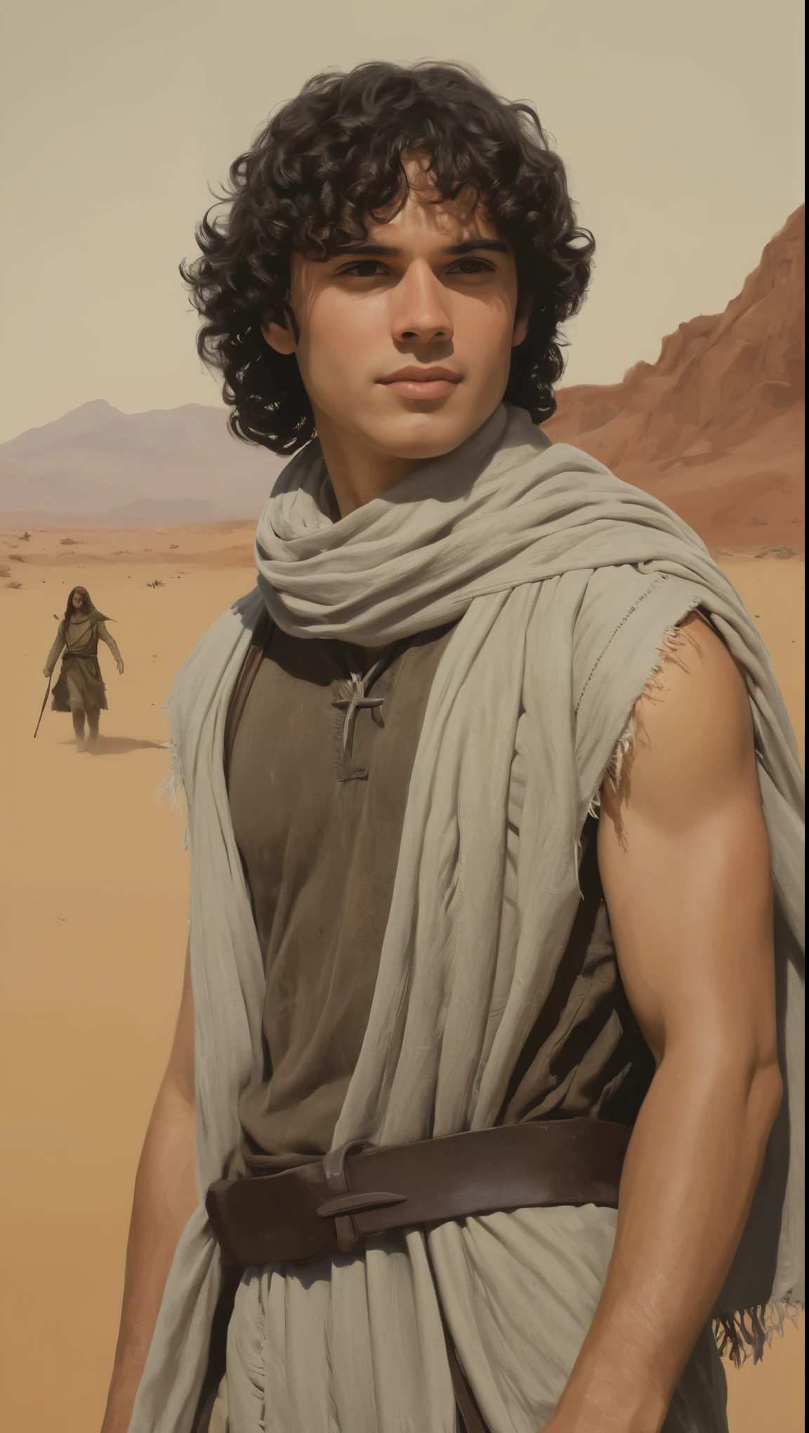 An illustrated movie poster, hand-drawn, full color, a male ranger, 28 years-old, resembles Gavin Leatherwood, wearing a linen tunic and a shemagh scarf, sun-tanned skin, stocky physique, deep brown eyes, wide bulbous nose, black hair, curly hair, thick bushy eyebrows, extremely hairy chest, stomach, and arms, lots of body hair, posing in a desert oasis, hard shadows, graphite shading, stencil markings, airbrushed acrylic paint, masterpiece, in the style of Lord of the Rings 