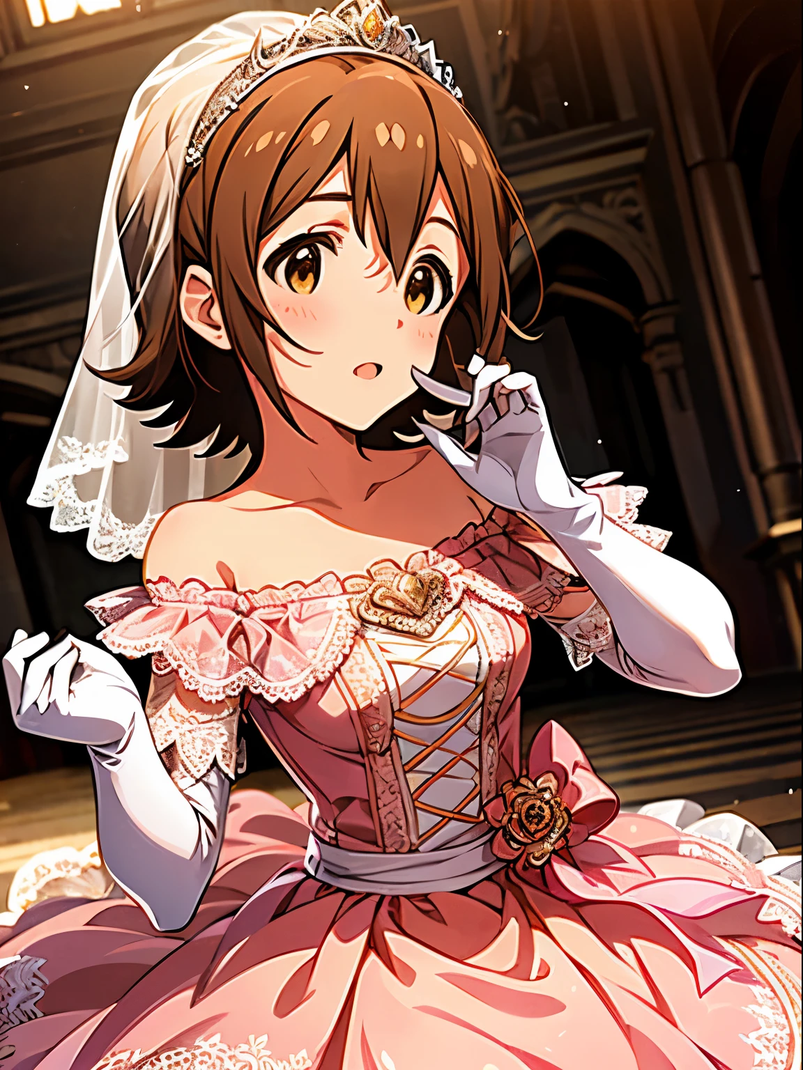 mirai kasuga (million live), 1 girl, Solo, Cute Girl,Best Quality, Ultra-detailed, 8K, High resolution, detailed face, (wedding dress, pink dress, lacy dress, off shoulder, long gloves, tiara), in the Chapel,