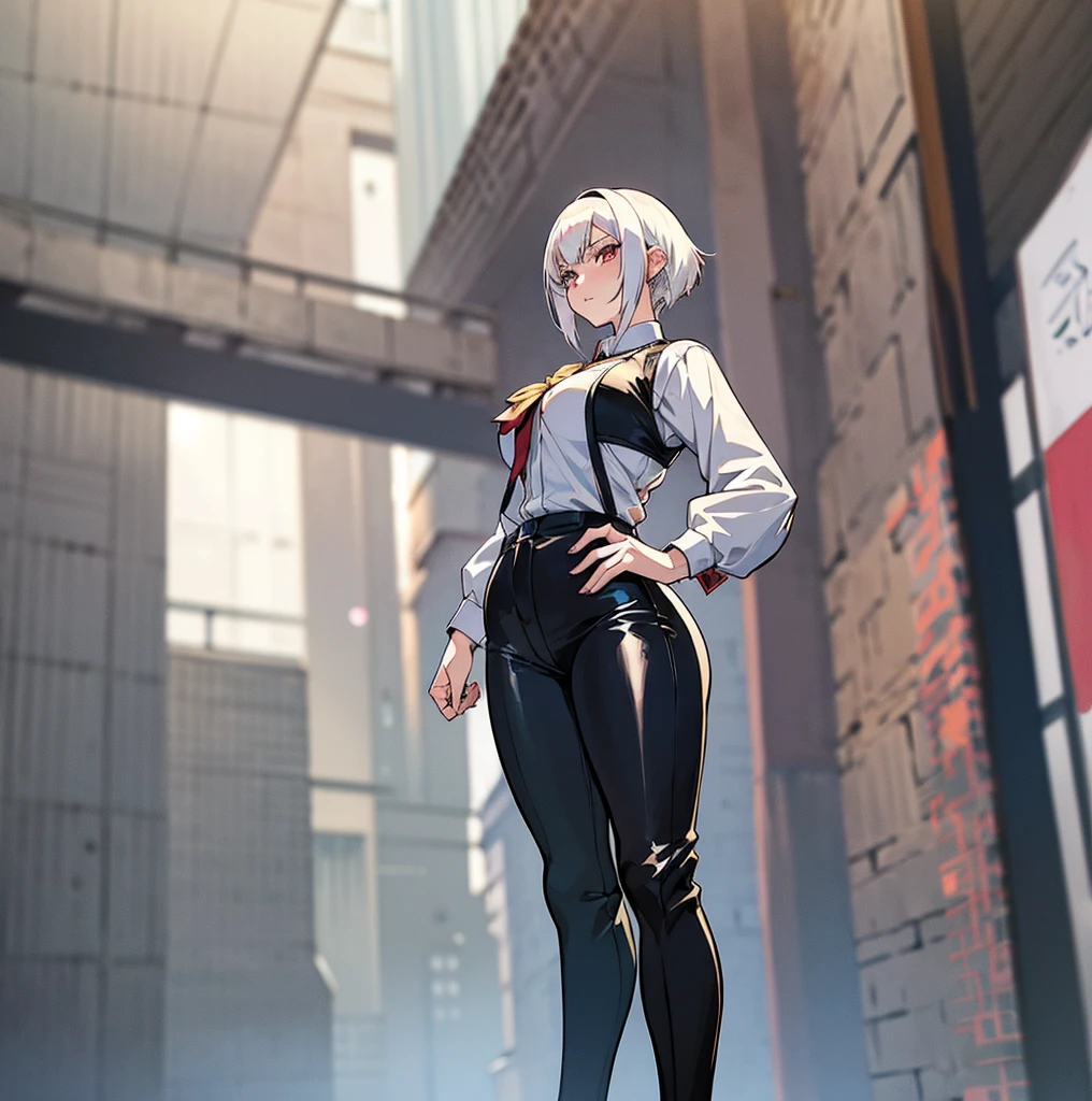 anime girl with white hair and black pants posing for a picture, seductive anime girl, casual pose, smooth anime cg art, thicc, perfect white haired girl, attractive anime girl, anime girl, female anime character, (anime girl), girl with white hair, anime character, girl with short white hair, anime woman, tifa lockhart with white hair, digital anime art