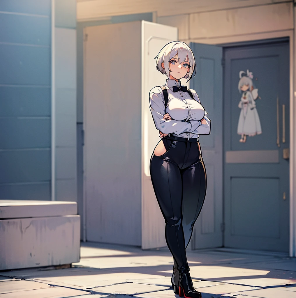 anime girl with white hair and black pants posing for a picture, seductive anime girl, casual pose, smooth anime cg art, thicc, perfect white haired girl, attractive anime girl, anime girl, female anime character, (anime girl), girl with white hair, anime character, girl with short white hair, anime woman, tifa lockhart with white hair, digital anime art