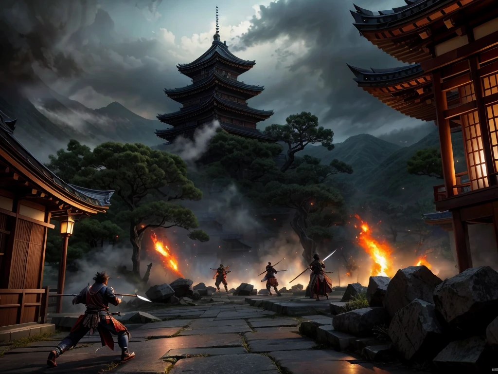 (best quality,4k,highres),detailed yokai battle scene,fierce and intense,traditional Japanese art style,ethereal lighting,ominous atmosphere,stormy skies,whirlwind of yokai,kimono-clad warriors,ancient samurai armor,bloodthirsty demons,sharp claws and fangs,glowing eyes and tattoos,ghostly shadows,swirling mist and fog,mystical powers and spells,crackling energy bolts,elegant and dynamic poses,frantic sword clashes and weapon strikes,martial arts maneuvers and acrobatics,scarlet cherry blossoms,powerful elemental attacks,chains and talismans,burning lanterns illuminating the darkness,ancient ruins and temples in the background,imposing yokai bosses,heroes standing tall against the darkness,Legendary yokai warriors joining the battle,blades slicing through the air,majestic mythical creatures soaring in the sky,samurai bravely facing their fears,fierce determination and unwavering resolve,an epic showdown between good and evil.