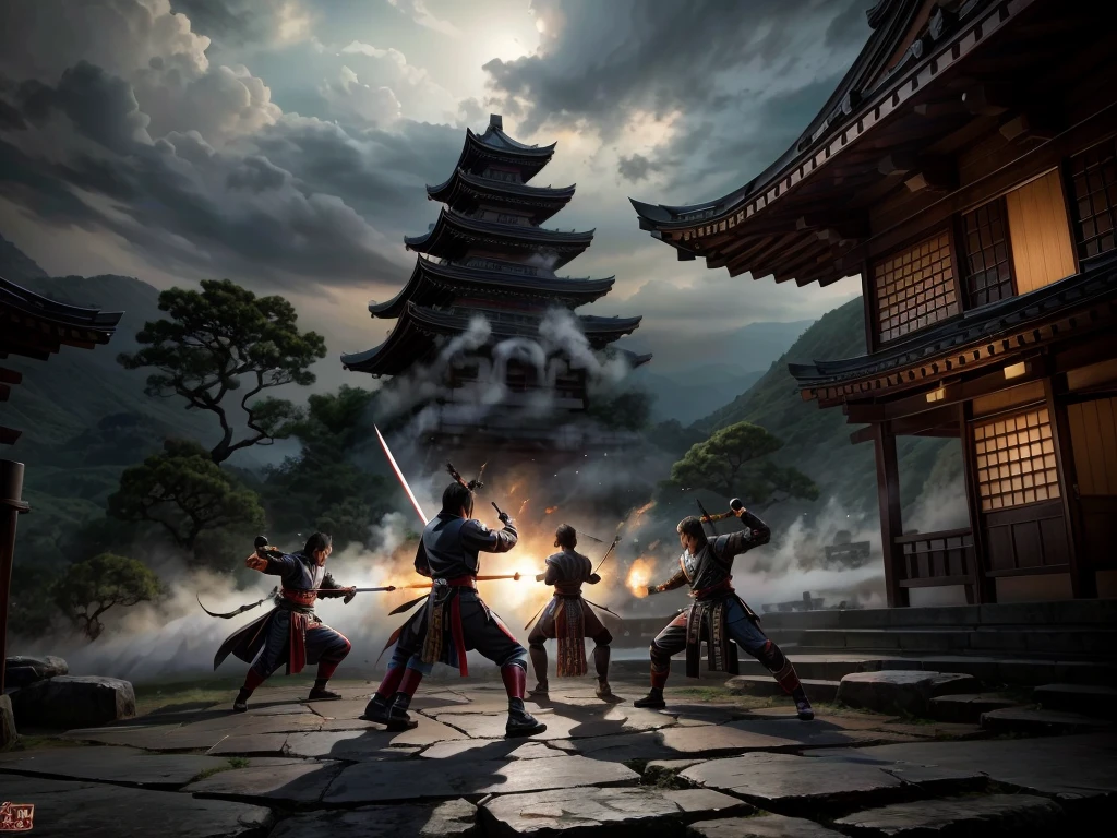 (best quality,4k,highres),detailed yokai battle scene,fierce and intense,traditional Japanese art style,ethereal lighting,ominous atmosphere,stormy skies,whirlwind of yokai,kimono-clad warriors,ancient samurai armor,bloodthirsty demons,sharp claws and fangs,glowing eyes and tattoos,ghostly shadows,swirling mist and fog,mystical powers and spells,crackling energy bolts,elegant and dynamic poses,frantic sword clashes and weapon strikes,martial arts maneuvers and acrobatics,scarlet cherry blossoms,powerful elemental attacks,chains and talismans,burning lanterns illuminating the darkness,ancient ruins and temples in the background,imposing yokai bosses,heroes standing tall against the darkness,Legendary yokai warriors joining the battle,blades slicing through the air,majestic mythical creatures soaring in the sky,samurai bravely facing their fears,fierce determination and unwavering resolve,an epic showdown between good and evil.