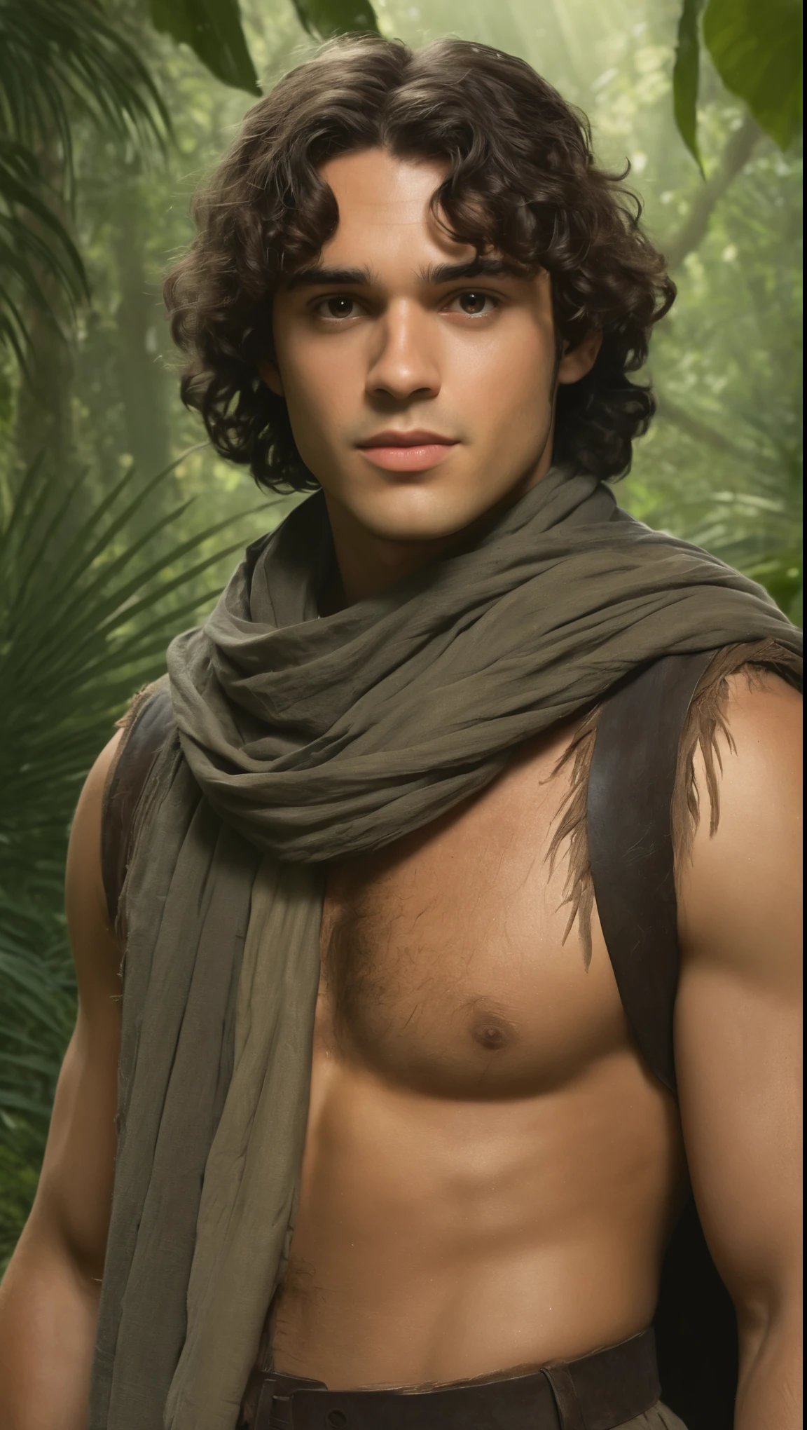 An illustrated movie poster, hand-drawn, full color, a male ranger, 28 years-old, resembles Gavin Leatherwood, wearing a linen tunic and a shemagh scarf, sun-tanned skin, stocky physique, deep brown eyes, wide bulbous nose, black hair, curly hair, thick bushy eyebrows, extremely hairy chest, stomach, and arms, lots of body hair, posing in a tropical rainforest, hard shadows, graphite shading, stencil markings, airbrushed acrylic paint, masterpiece, in the style of Lord of the Rings 