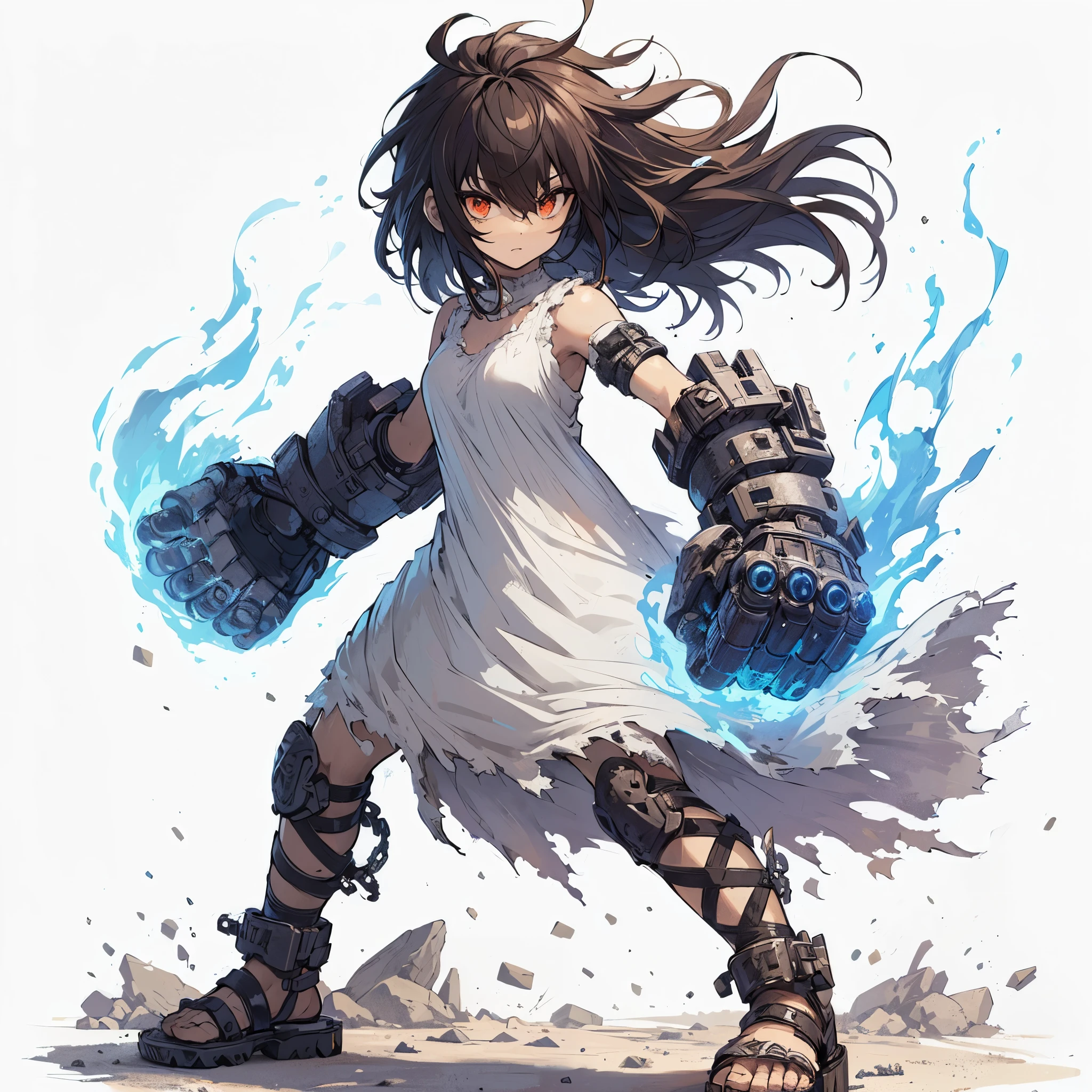 (Masterpiece, top quality), (detailed hair), super detailed, anime style, full body, solo, concept art, cyberpunk grappler girl, shaggy black hair, brown skin and red eyes, wearing simple white dress, rugged knight gauntlets, Roman gladiator-like sandals, white background, whole body, standing in wasteland, fighting pose, blue burning flame aura,
