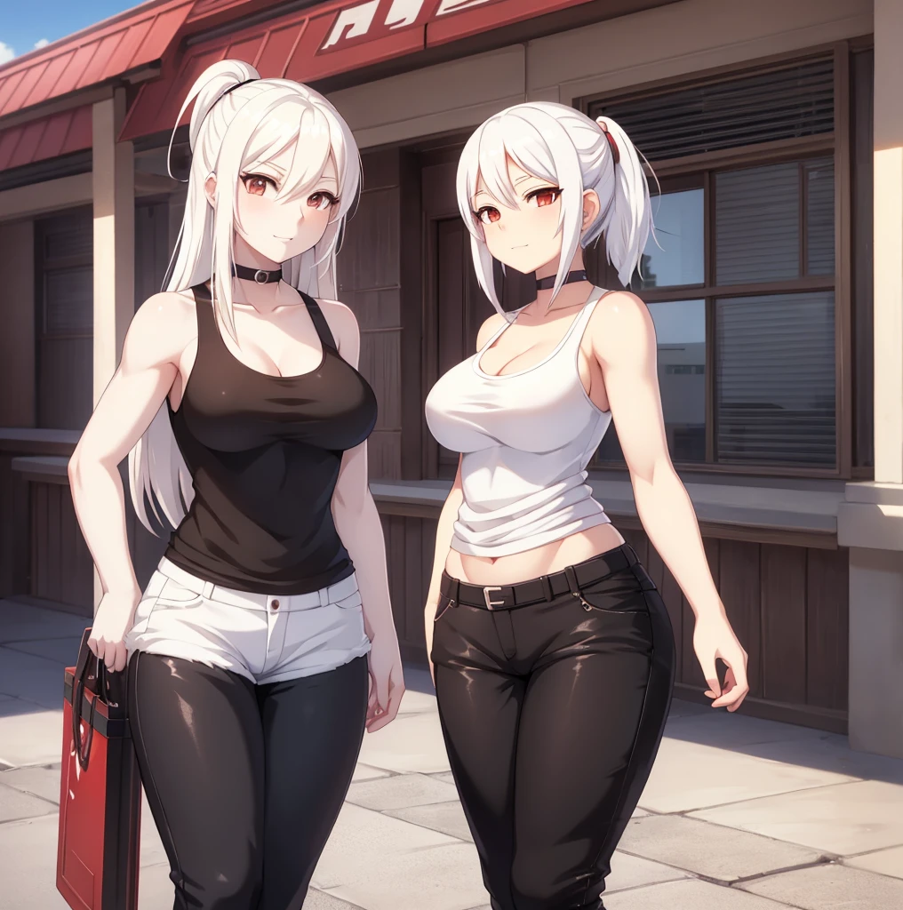 anime girl with white hair and black pants posing for a picture, seductive anime girl, casual pose, smooth anime cg art, thicc, perfect white haired girl, attractive anime girl, anime girl, female anime character, (anime girl), girl with white hair, anime character, girl with short white hair, anime woman, tifa lockhart with white hair, digital anime art