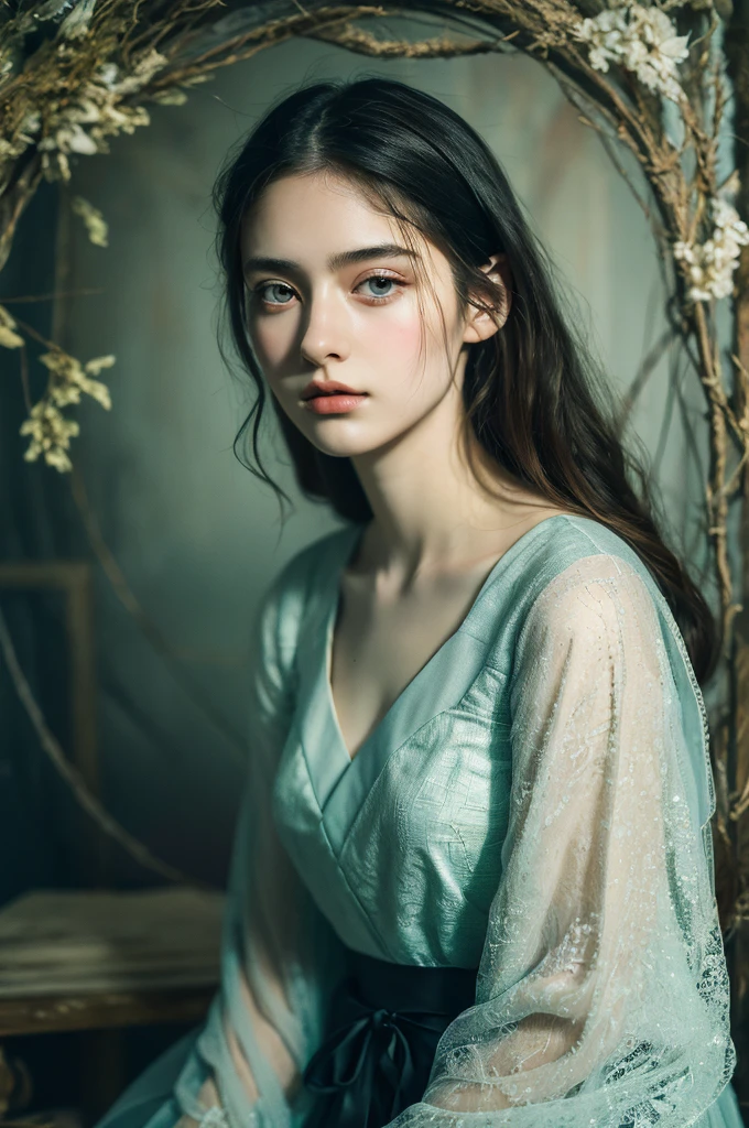 ( masterpiece, top quality, best quality,8k,17 years old girl,ultra detailed,raw photo:1.5),(photorealistic:1.4), (cinematic lighting), PerfectNwsjMajic, , Surrealism, UHD, ccurate, Super detail, textured skin, High detail, Best quality, dynamic angle, White skin,[Beautiful blue eyes], high nose,[flat chest:large breasts:0.5],(1girl),(good anatomy:0.5)), Dreamy atmosphere, Dark,expressive brush strokes, mystical ambiance, Artistic interpretation, Stunning Studio Ghibli style costumes, a whimsical illustration, Subtle colors and tones, mystical aura,straight face