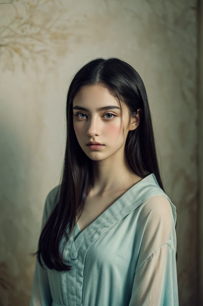 ( masterpiece, top quality, best quality,8k, girl,ultra detailed,raw photo:1.5),(photorealistic:1.4), (cinematic lighting), PerfectNwsjMajic, , Surrealism, UHD, ccurate, Super detail, textured skin, High detail, Best quality, dynamic angle, White skin,[Beautiful blue eyes], high nose,[flat chest:large breasts:0.5],(1girl),(good anatomy:0.5)), Dreamy atmosphere, Dark,expressive brush strokes, mystical ambiance, Artistic interpretation, Stunning Studio Ghibli style costumes, a whimsical illustration, Subtle colors and tones, mystical aura,straight face