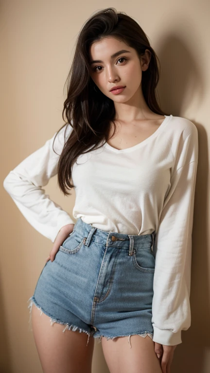 una chica bonita, solo, supermodelo, pelo largo, constituir, Labios partidos, grande , pezones, afuera, pussy afuera, escote, Camiseta sin mangas, chaqueta adicional, ropa abierta, (mirando al espectador), de pie contra la pared, interior, muslos, Soft lighting, film grain, parte superior del cuerpo, epiCFoto, (mejor calidad:1.2), (Obra maestra),((ultra detallado)),