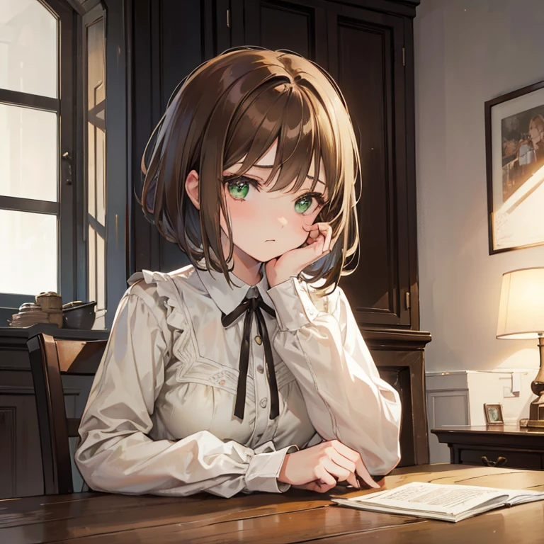 1 girl, medium brown hair, light brown eyes,, sitting decorating her table, next to her 1 boy, large, with a low fade, short blonde hair, green eyes alone and with a sad face looking at his table 