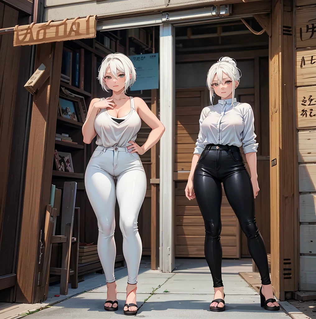 anime girl with white hair and black pants posing for a picture, seductive anime girl, casual pose, smooth anime cg art, thicc, perfect white haired girl, attractive anime girl, anime girl, female anime character, (anime girl), girl with white hair, anime character, girl with short white hair, anime woman, tifa lockhart with white hair, digital anime art