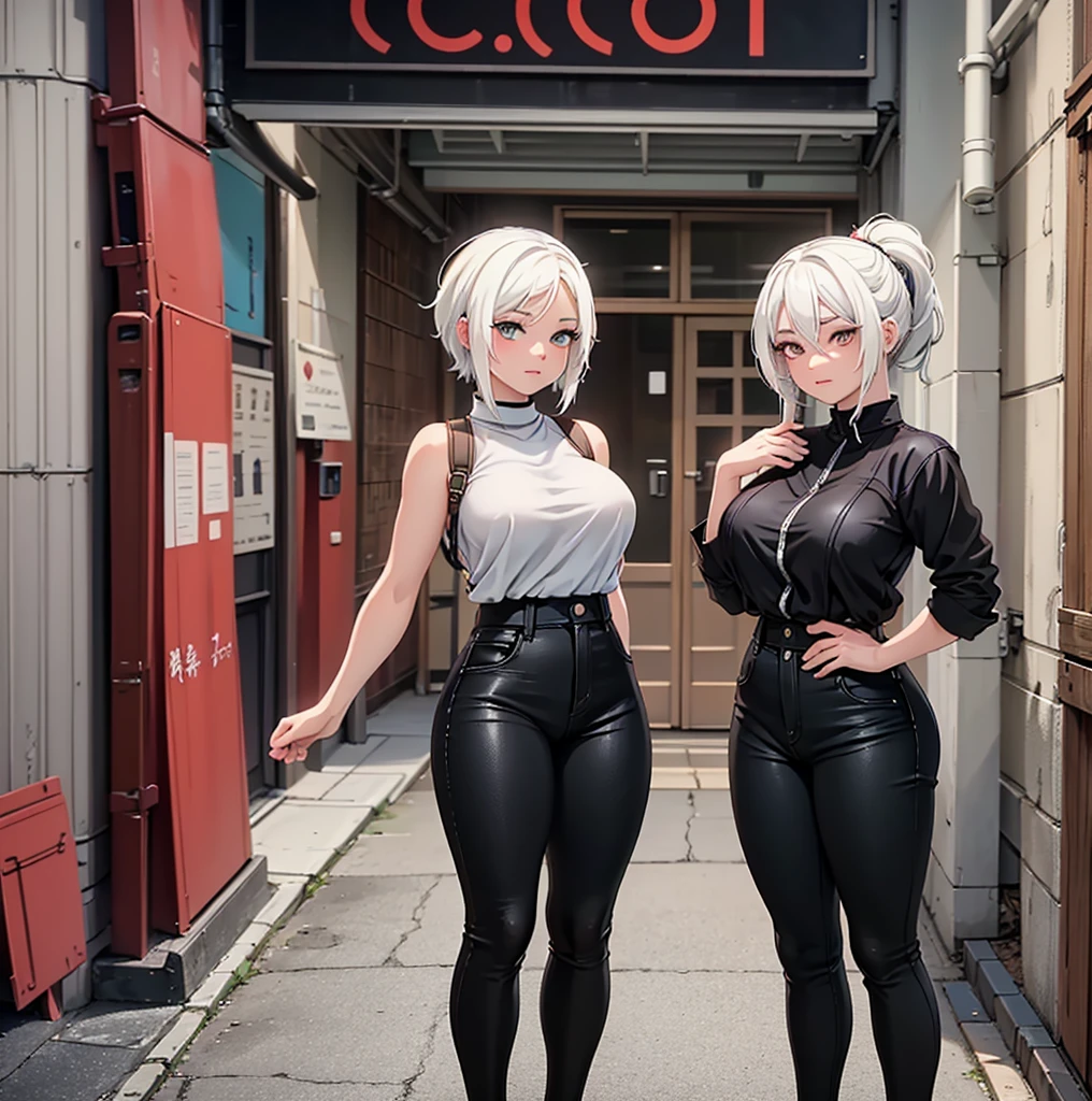anime girl with white hair and black pants posing for a picture, seductive anime girl, casual pose, smooth anime cg art, thicc, perfect white haired girl, attractive anime girl, anime girl, female anime character, (anime girl), girl with white hair, anime character, girl with short white hair, anime woman, tifa lockhart with white hair, digital anime art