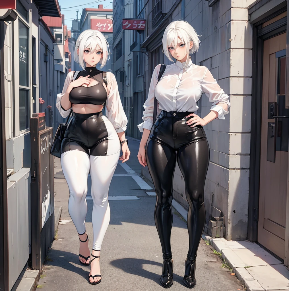 anime girl with white hair and black pants posing for a picture, seductive anime girl, casual pose, smooth anime cg art, thicc, perfect white haired girl, attractive anime girl, anime girl, female anime character, (anime girl), girl with white hair, anime character, girl with short white hair, anime woman, tifa lockhart with white hair, digital anime art