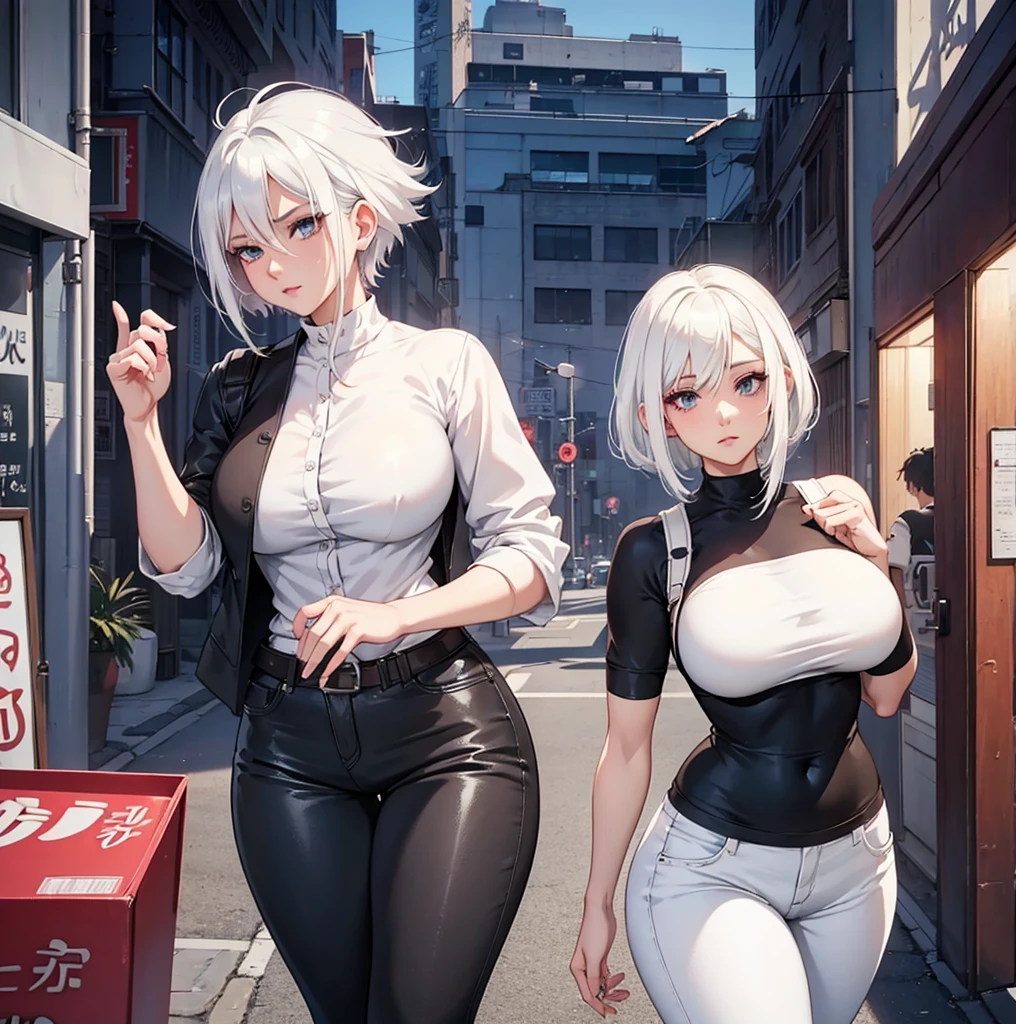 anime girl with white hair and black pants posing for a picture, seductive anime girl, casual pose, smooth anime cg art, thicc, perfect white haired girl, attractive anime girl, anime girl, female anime character, (anime girl), girl with white hair, anime character, girl with short white hair, anime woman, tifa lockhart with white hair, digital anime art