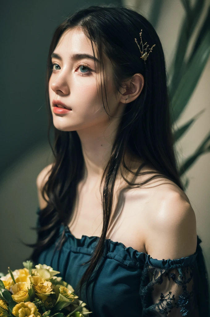 ( masterpiece, top quality, best quality,8k,17 years old girl,ultra detailed,raw photo:1.5),(photorealistic:1.4), (cinematic lighting), PerfectNwsjMajic, , Surrealism, UHD, ccurate, Super detail, textured skin, High detail, Best quality, dynamic angle, White skin,[Beautiful blue eyes], high nose,[flat chest:large breasts:0.5],(1girl),(good anatomy:0.5)), Dreamy atmosphere, Dark,expressive brush strokes, mystical ambiance, Artistic interpretation, Stunning Studio Ghibli style costumes, a whimsical illustration, Subtle colors and tones, mystical aura,straight face 