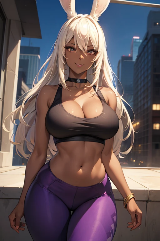 (masterpiece), best quality, highly detailed faces, (SHARP details), 4k, highly detailed, expressive eyes, SHARP detail expressive eyes, (SHARP detail perfect face), ((dark skin)), (bunny ears), (viera), ((platinum blonde hair)), (choker) amber eyes, long and wild hair, (mature woman), (big breasts), smiling, standing, (wearing white tank top), 20 years old, ((wearing purple yoga pants)), ((solo)), wide hips, (((view from front))), thick thighs, tall woman,
