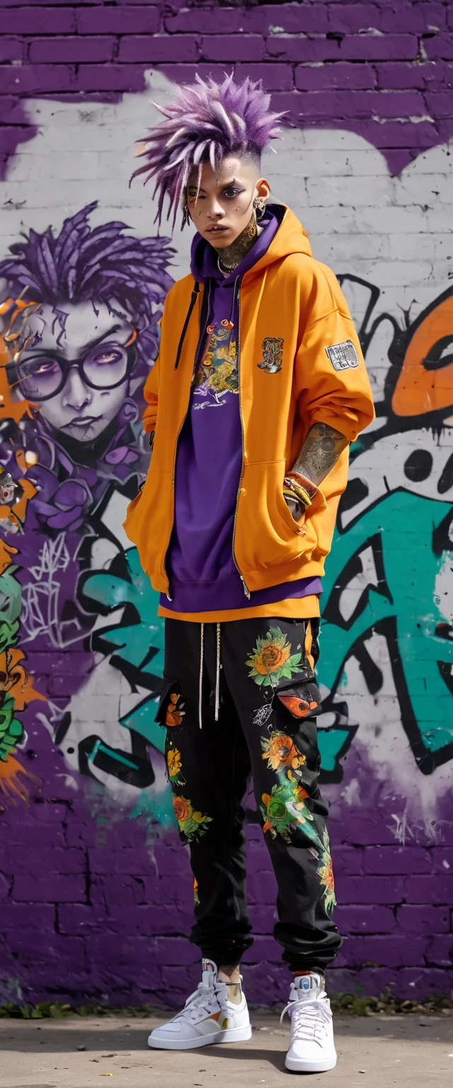 ((long shot, full body: 1.6)), purple: 1.5, orange: 1.1, green: 1.3, White: 1.3, yellow: 1.3, (rapper boy with scary hair, highly detailed eyes and body and beautiful baggy and baggy clothes :1.6), tattoos, (walls with Graffiti: 1.2), flower, Leaves, born in the fog, lines, leaning on the wall with a spray paint in his hand:1.4, dynamic action pose, 32K.