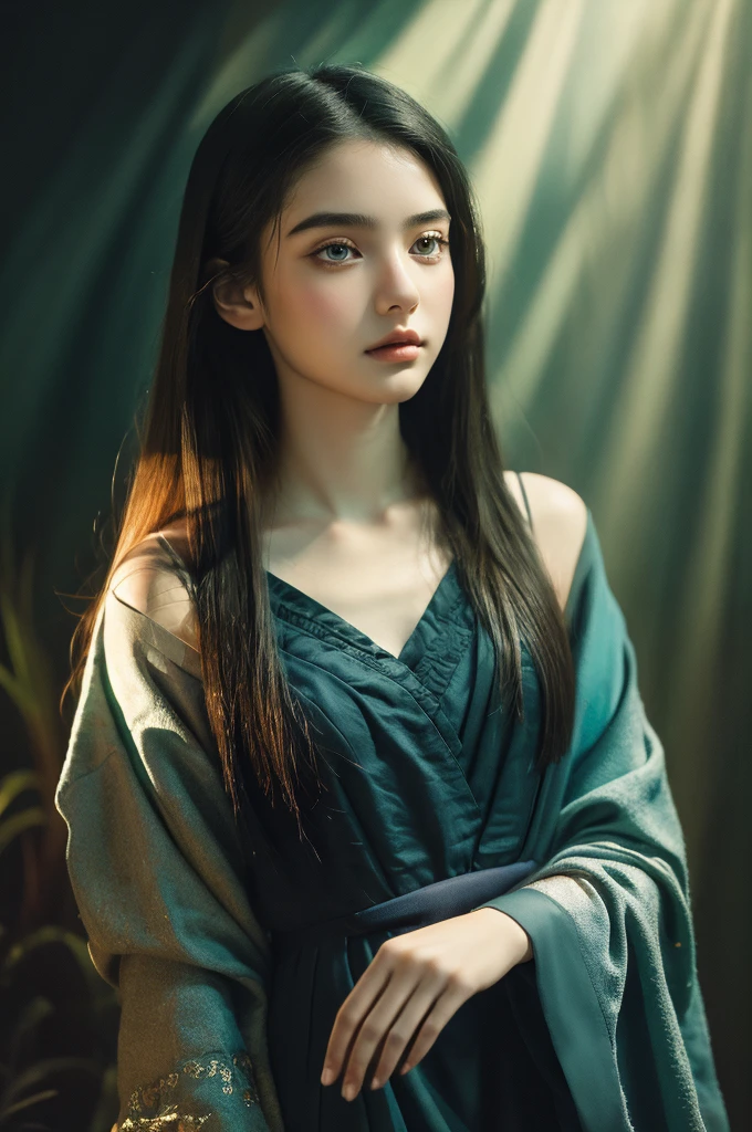 ( masterpiece, top quality, best quality,8k,17 years old girl,ultra detailed,raw photo:1.5),(photorealistic:1.4), (cinematic lighting), PerfectNwsjMajic, , Surrealism, UHD, ccurate, Super detail, textured skin, High detail, Best quality, dynamic angle, White skin,[Beautiful blue eyes], high nose,[flat chest:large breasts:0.5],(1girl),(good anatomy:0.5)), Dreamy atmosphere, Dark,expressive brush strokes, mystical ambiance, Artistic interpretation, Stunning Studio Ghibli style costumes, a whimsical illustration, Subtle colors and tones, mystical aura,straight face