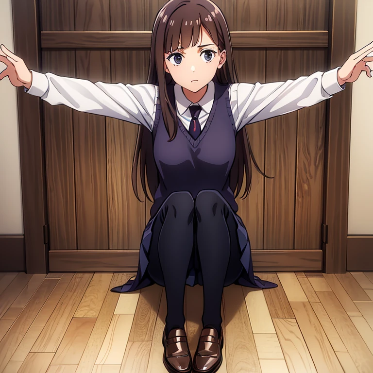 best quality,4k,8k,highres,masterpiece:1.2),
Chocolate brown hair, lilac eyes,
,white shirt,collared shirt,necktie,sweater vest,
pleated skirt,
socks,
shoes,
night,school,corridor,hiding,