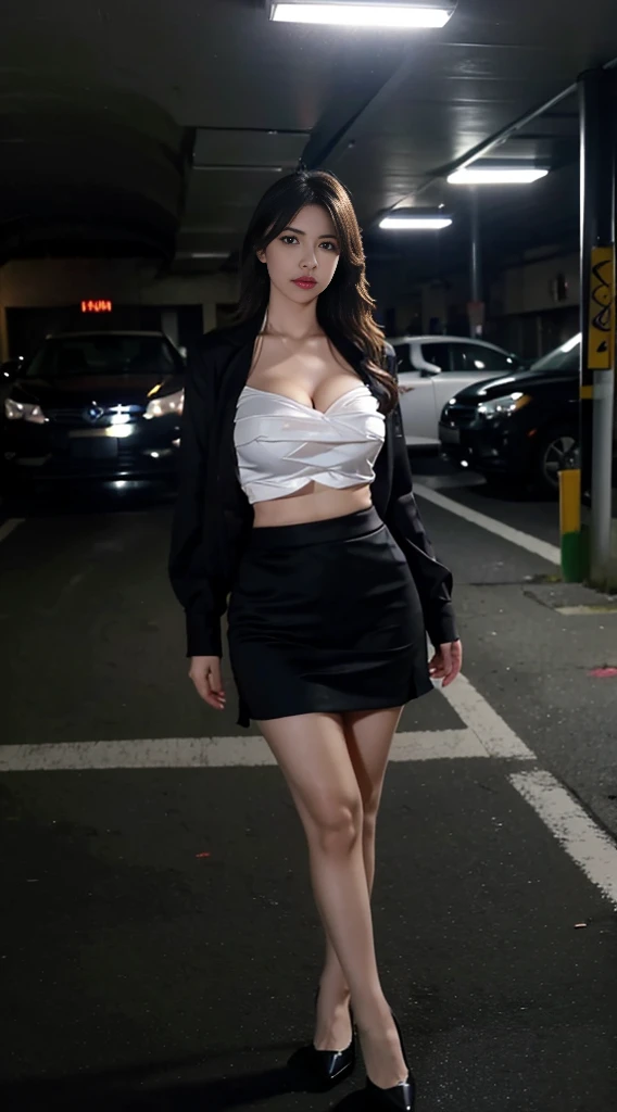 (Extremely detailed, underground parking, fine, slightly fat, busty, big breasts, big breasts, M cups, sexy, black skirt, conservative, refined face, large aperture)