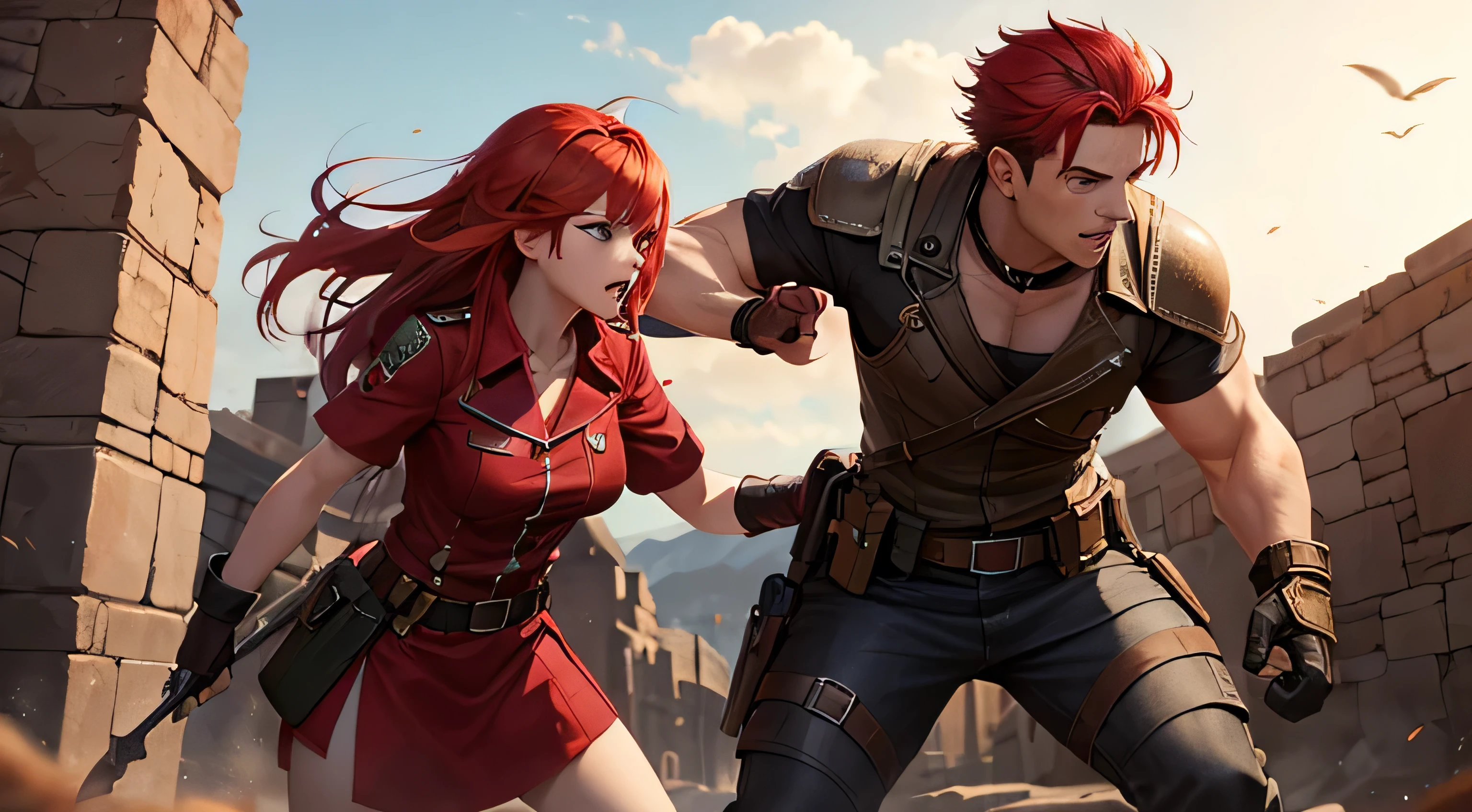 red hair, Two-pronged, girl, adventure, fighting with comrades, monster, Dungeon