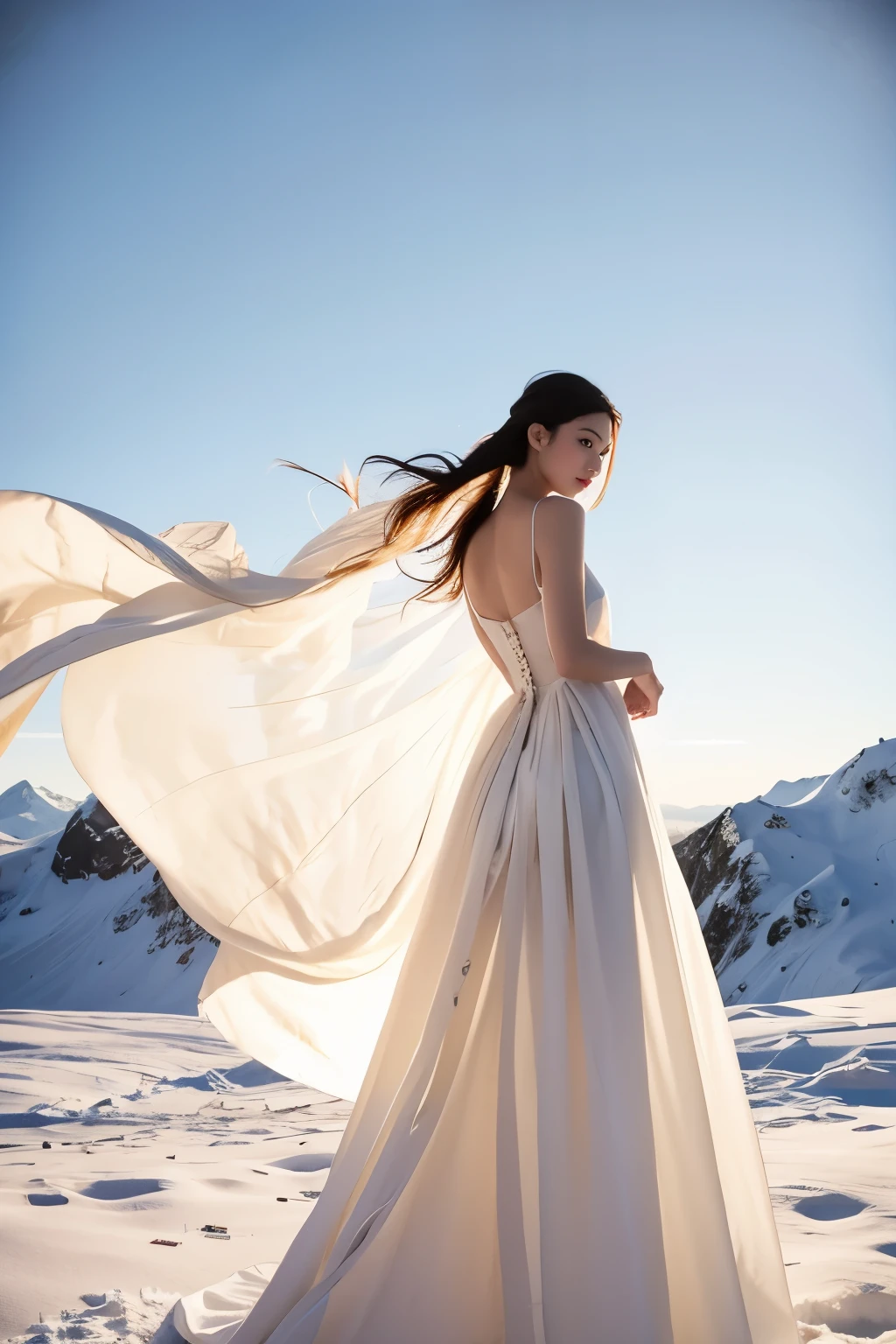 (masterpiece, best quality:1.2), 1girl, solo, delicate face, white-skinned female, see-through silhouette, white dress, full body, outdoor, On top of snow mountain, snowing