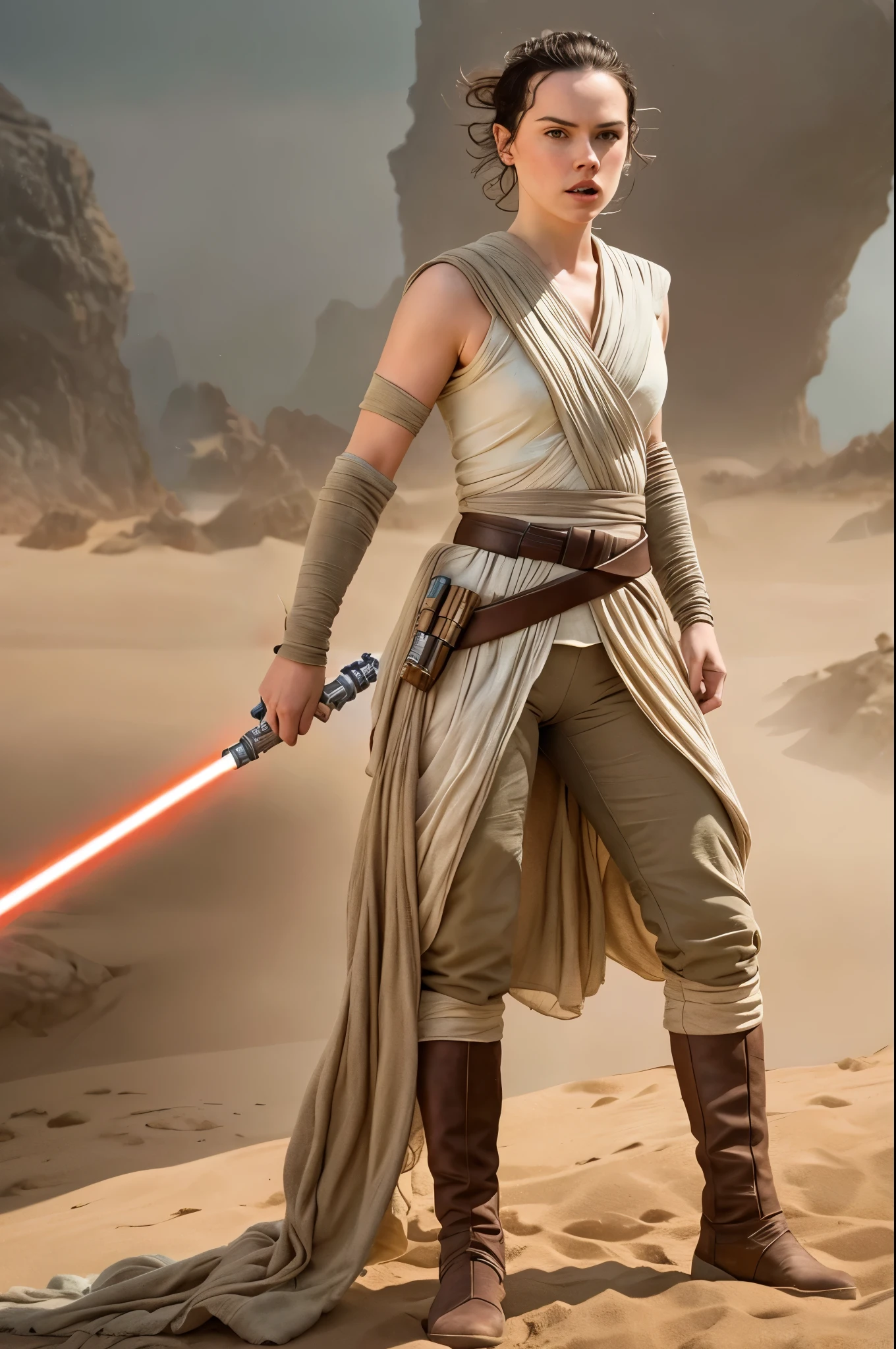 PLEASE fix image, remove, Masterpiece, Daisy Ridley, wearing star wars Rey's costume from "The Force Awakens", full body portrait, high quality, biting lip, combat pose, 16K, ultra high res.photorealistic, UHD, DSLR, RAW, natural light