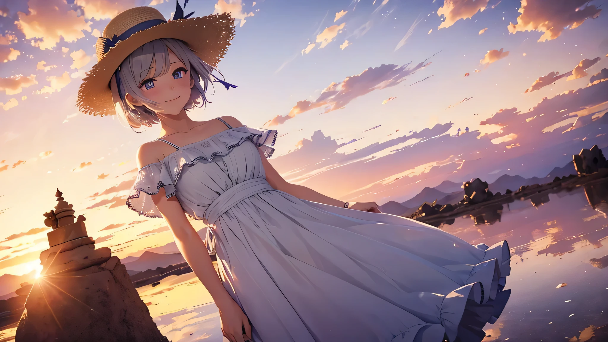 One girl, masterpiece, Very detailed, (Beautiful sparkle), Lens flare, Gray Hair, short hair, Floating Hair, Recall, Behind the back, smile, blue eyes, White Dress, Medium chest, Upper Body, Wide Shot, Straw hat, ((Uyuni salt lake)), sunrise, cloud, Backlight, Purple Sky, Yellow Sky, Gradient Sky, put your hand on the hat