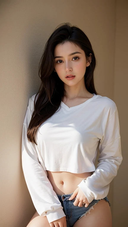una chica bonita, solo, supermodelo, pelo largo, constituir, Labios partidos, grande , pezones, afuera, pussy afuera, escote, Camiseta sin mangas, chaqueta adicional, ropa abierta, (mirando al espectador), de pie contra la pared, interior, muslos, Soft lighting, film grain, parte superior del cuerpo, epiCFoto, (mejor calidad:1.2), (Obra maestra),((ultra detallado)),