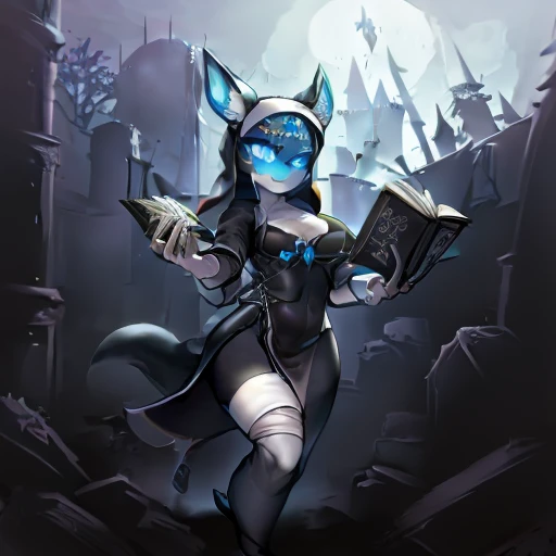 ((Better quality )),((Anthro female)) , wearing nun Clothing dress , Black Shadow and white body , wearing Bandage , big animal ears, haircut ,Dark blue , ((BLUE pupils)) ,Box series