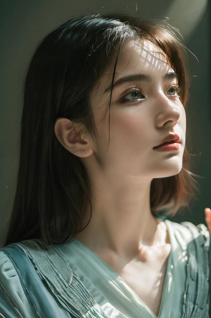 ( masterpiece, top quality, best quality,8k,17 years old girl,ultra detailed,raw photo:1.5),(photorealistic:1.4), (cinematic lighting), PerfectNwsjMajic, , Surrealism, UHD, ccurate, Super detail, textured skin, High detail, Best quality, dynamic angle, White skin,[Beautiful blue eyes], high nose,[flat chest:large breasts:0.5],(1girl),(good anatomy:0.5)), Dreamy atmosphere, Dark,expressive brush strokes, mystical ambiance, Artistic interpretation, Stunning Studio Ghibli style costumes, a whimsical illustration, Subtle colors and tones, mystical aura,straight face 