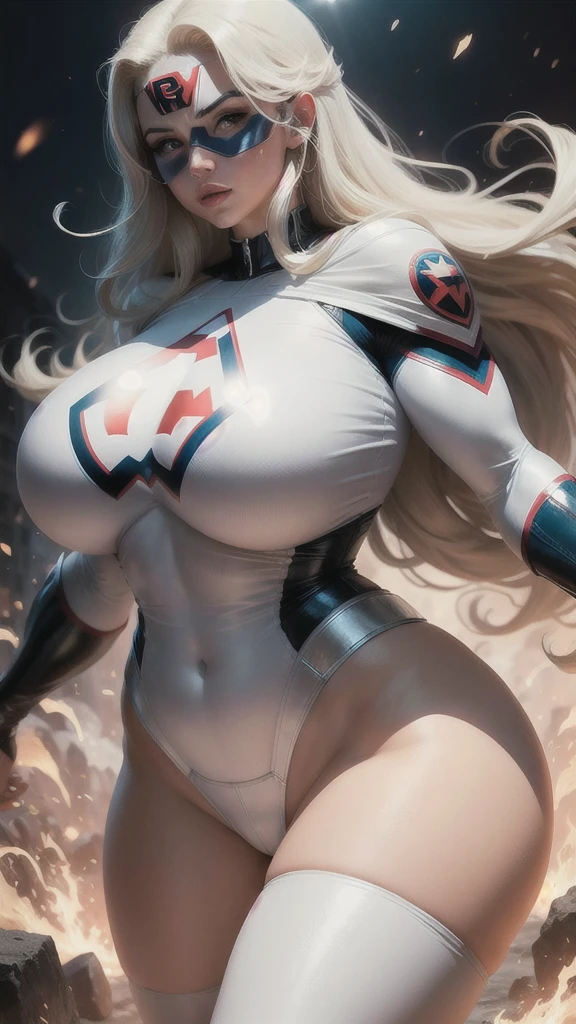 garota poderosa, DC Comics, cabelo loiro, white superhero uniform ,(chubby:1.2), (huge breasts:1.2),