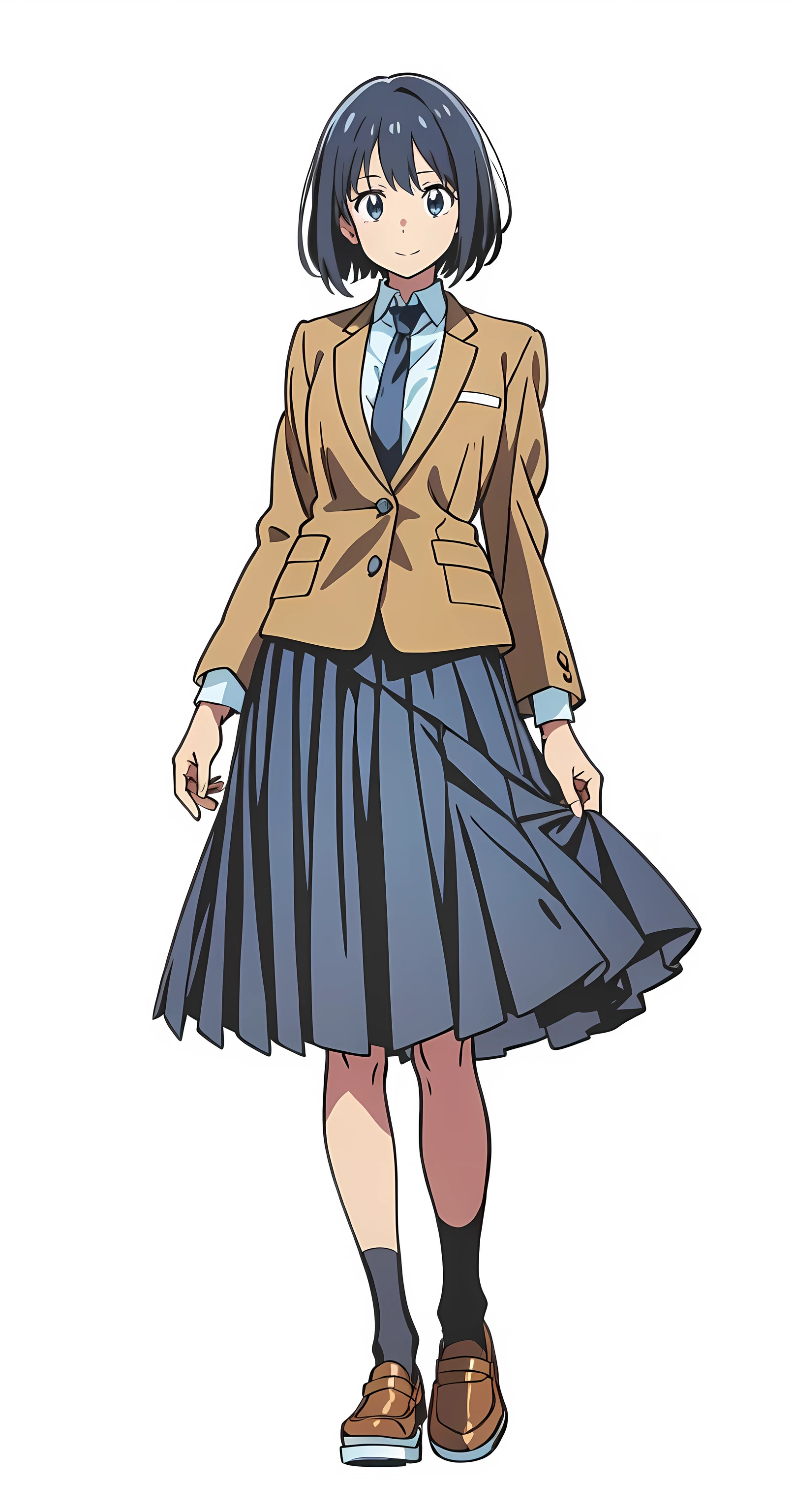 (tareme:1.5), (cheerful:1.5), (white background:1.0), (best quality:1.0), (masterpiece:1.0), (super fine illustration:1.0), (beautiful artwork:1.0), (anime screencap:1.0), (official art:1.0), (full body:1.0), (solo:1.0), (HSGA:1.0), (a 18yo cute girl:1.0), (long skirt:1.0), (dark blue skirt:1.0), (pleated skirt:1.0), (school uniform beige blazer:1.0), (dark blue necktie:1.0), (loafers:1.0), (black socks:1.0), (ideal ratio body proportions:1.0), (lanky:1.0), (tall:1.0), (slender:1.0), (small breasts:1.0), (smaller face:1.0), (tareme:1.0), (detailed beautiful eyes:1.0), (detailed beautiful face:1.0), (glowing black eyes:1.0), (bob cut hair:1.0), (black hair:1.0), (standing:1.0), (looking at viewer:1.0)