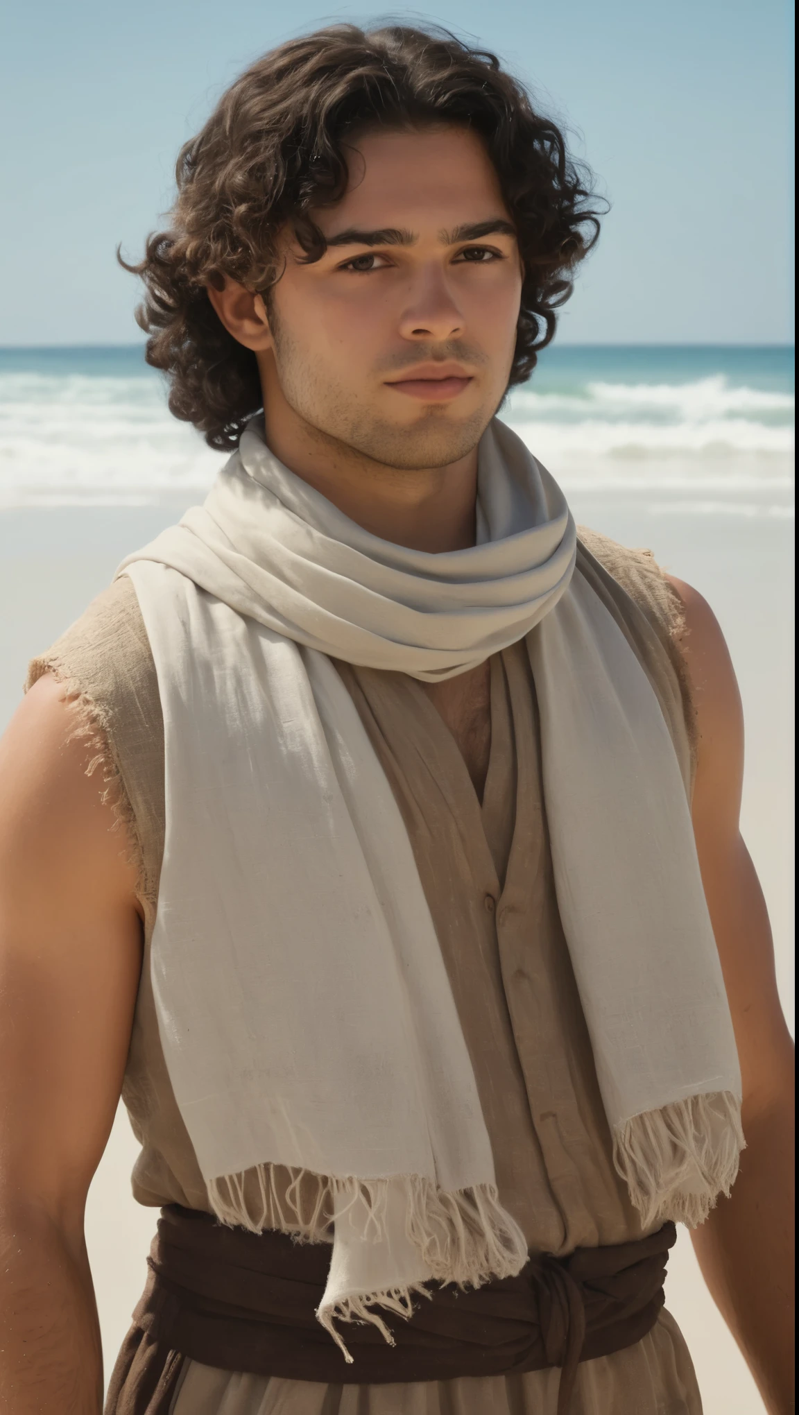 An illustrated movie poster, hand-drawn, full color, a male ranger, 28 years-old, resembles Gavin Leatherwood, wearing a linen tunic and a shemagh scarf, sun-tanned skin, stocky physique, deep brown eyes, wide bulbous nose, black hair, curly hair, thick bushy eyebrows, extremely hairy chest, stomach, and arms, lots of body hair, posing on a tropical beach, hard shadows, graphite shading, stencil markings, airbrushed acrylic paint, masterpiece, in the style of Lord of the Rings